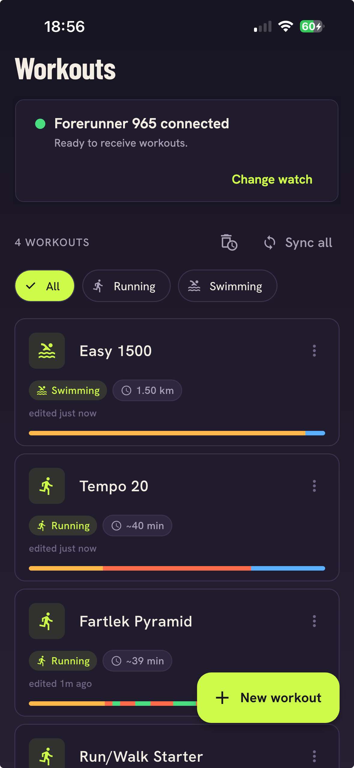 Workout Planner app with a Forerunner 965 connected, showing a library of running and swimming workouts with interval profiles